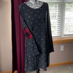Polka dot swath dress with Buffalo plaid elbow patch